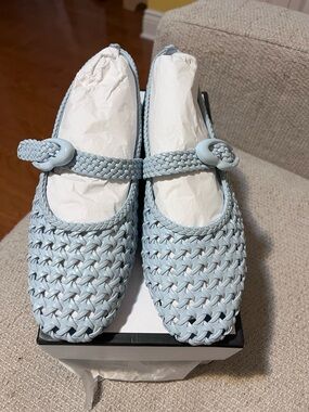 Larroude Light Blue Woven Mary Jane Mules